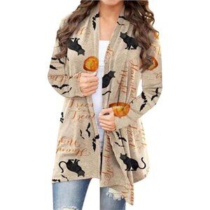 Women's Halloween Cat & Pumpkin Cardigan – Long Sleeve, Open Front Knit Sweater